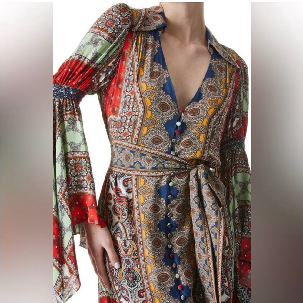 Alice + Olivia Jaylen Mix Scarf Print Handkerchief Sleeve Maxi Dress Size L - Picture 3 of 8